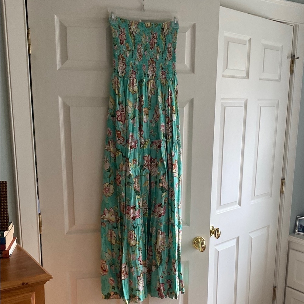 Aqua Blue Floral Smocked Top Maxi Dress Small - Picture 2 of 11
